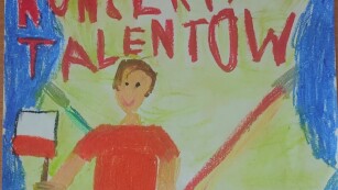 rysunek z napisem Koncert Talentów przedstawiający chłopca trzymającego flagę Polski